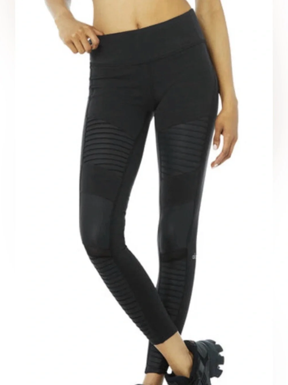 Alo Yoga Faux Leather Black Moto High Rise Mesh Insert Leggings EUC Size Medium